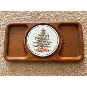 Vintage Goodwood Teak Wood Snack Tray Christmas Tree Metal Tile Trivet MCM 70s